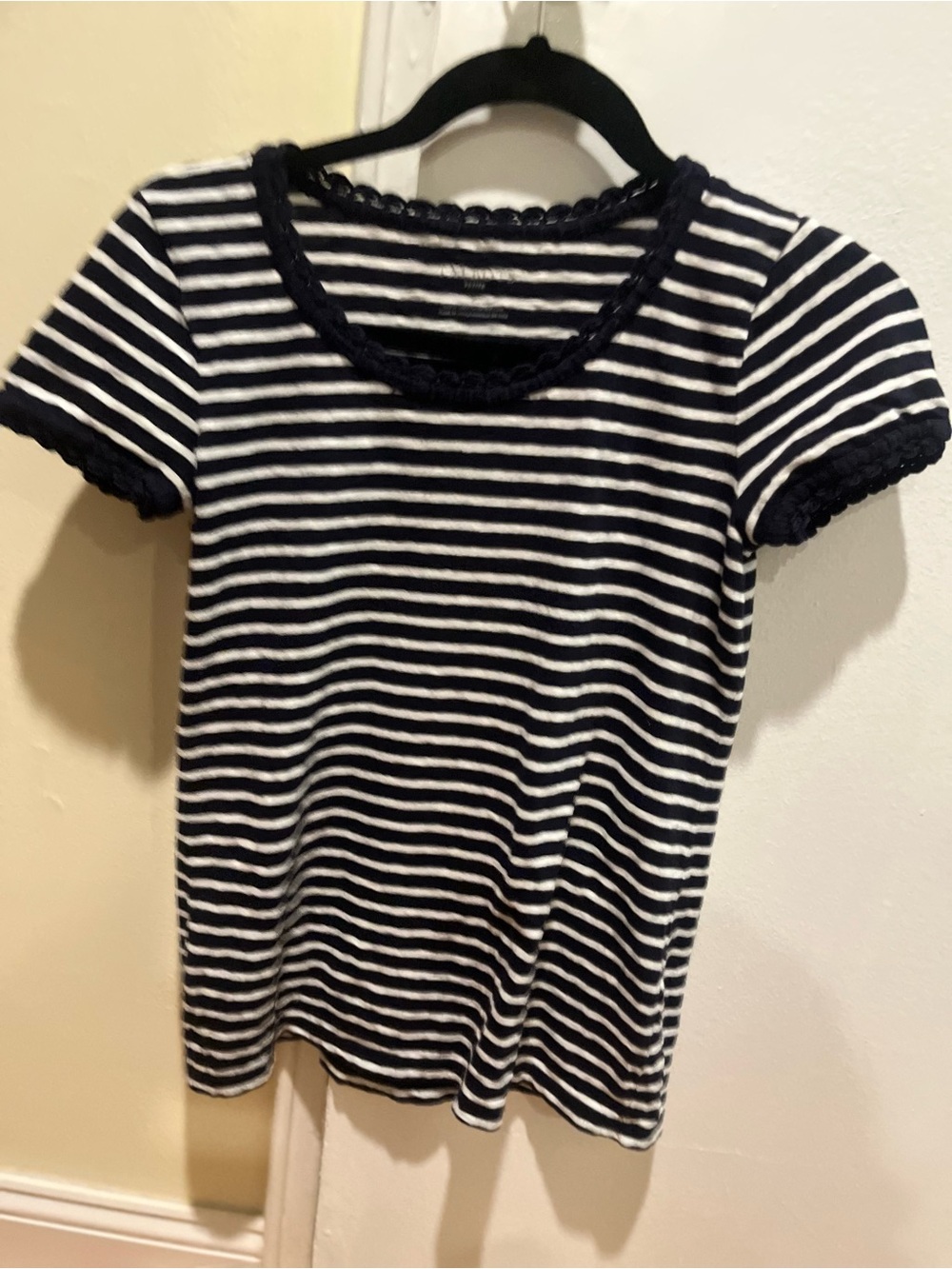 Talbots Petite P White Navy Striped Top Scallop Crochet Trim Short Sleeve sz pp